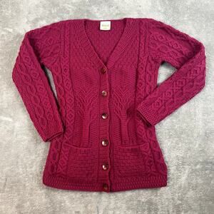 Kilronan Sweater Cardigan Womens S 100% Merino Wool Cable Knit Raspberry